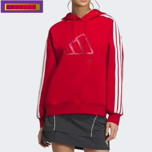阿迪达斯新年款连帽红色卫衣女装2025运动服健身训练休闲JZ1636