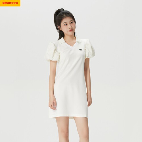 阿迪达斯三叶草泡泡袖连衣裙女2026夏季新款运动裙子针织KE3437