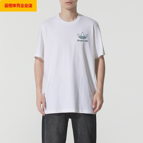 阿迪达斯白色宽松T恤男装背后印花短袖休闲运动服男士半袖JZ1593