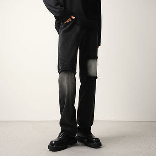 黑色乞丐补丁破洞牛仔裤男款宽松直筒雅痞帅气潮流长裤