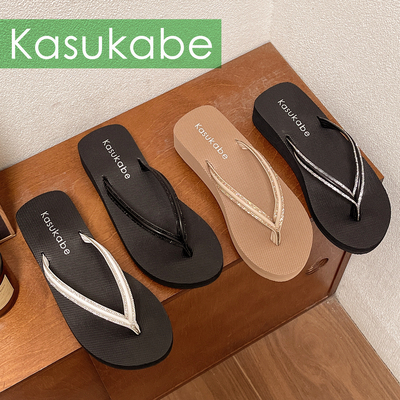 水钻人字拖女沙滩鞋拖鞋女夏外穿海边中跟坡跟夹脚凉拖带钻高颜值