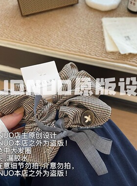 韩国东大门新款牛仔蓝蝴蝶结格子大肠方巾发圈女春夏方形头绳发饰