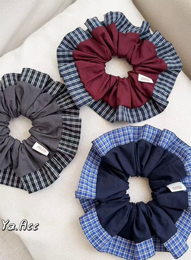 韩系高质感蓝色条纹发圈复古学院风双拼布艺大肠圈网红时尚发饰