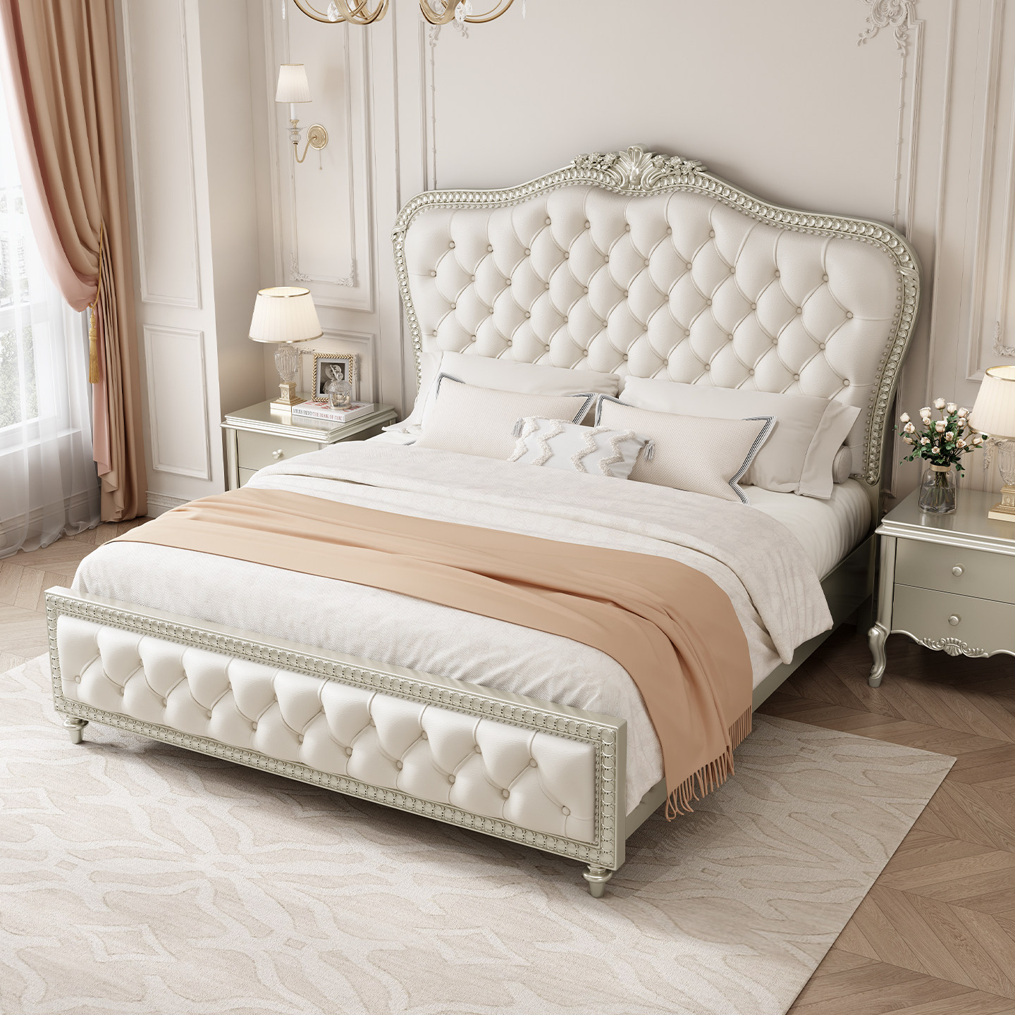 美式轻奢实木床现代简约真皮床法式奶油风主卧双人床储物高箱婚床