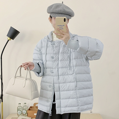 可脱卸针织帽排骨羽绒服中长款