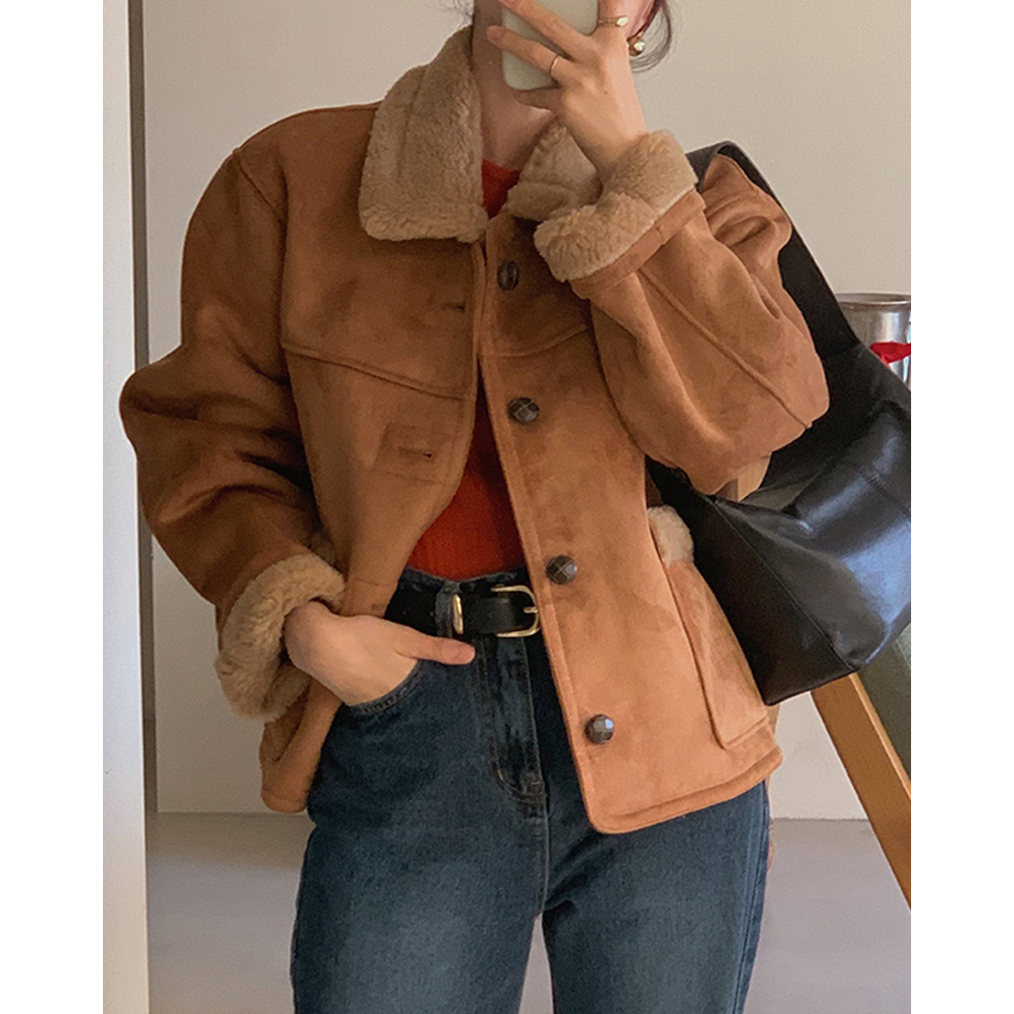 拼接皮毛一体保暖仿鹿皮绒外套