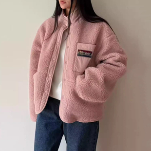 减龄立领字母贴布口袋羊羔毛短外套女2025冬季 两面穿棉服上衣 新款