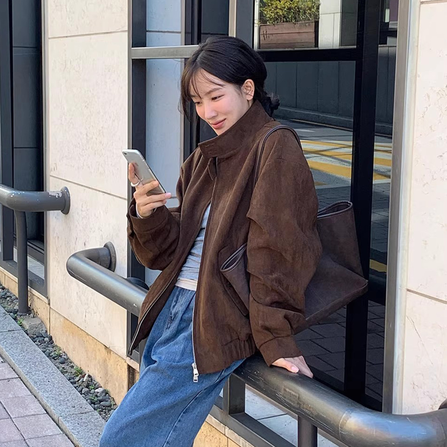 复古鹿皮绒立领双拉链短款外套女秋冬季宽松百搭气质长袖夹克上衣,女装/女士精品,短外套,淘宝优惠券,粉丝福利购,淘宝优惠卷