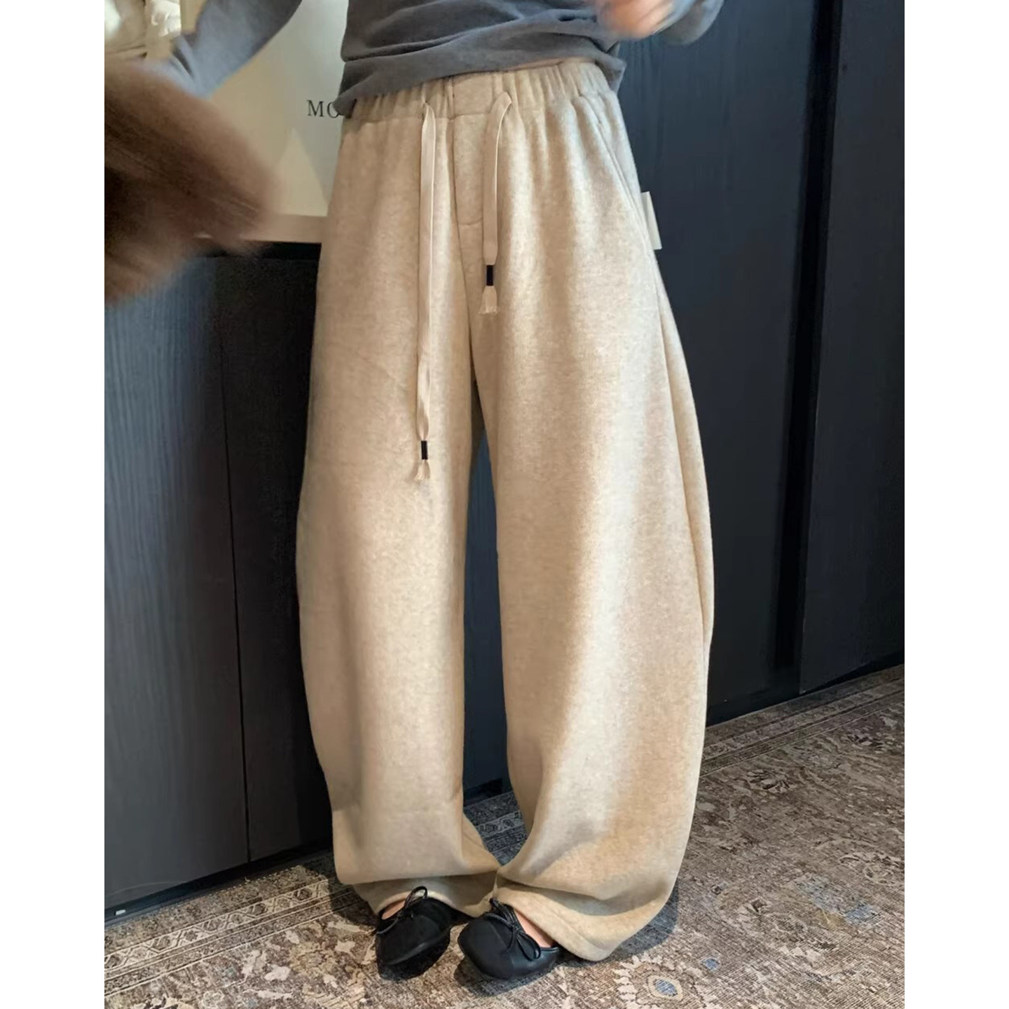 慵懒风小众纯色百搭加绒加厚休闲裤女秋冬季松紧腰抽绳阔腿长裤子,女装/女士精品,休闲裤,淘宝优惠券,粉丝福利购,淘宝优惠卷