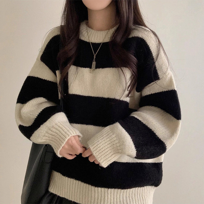 撞色加厚百搭竖条纹针织衫毛衣