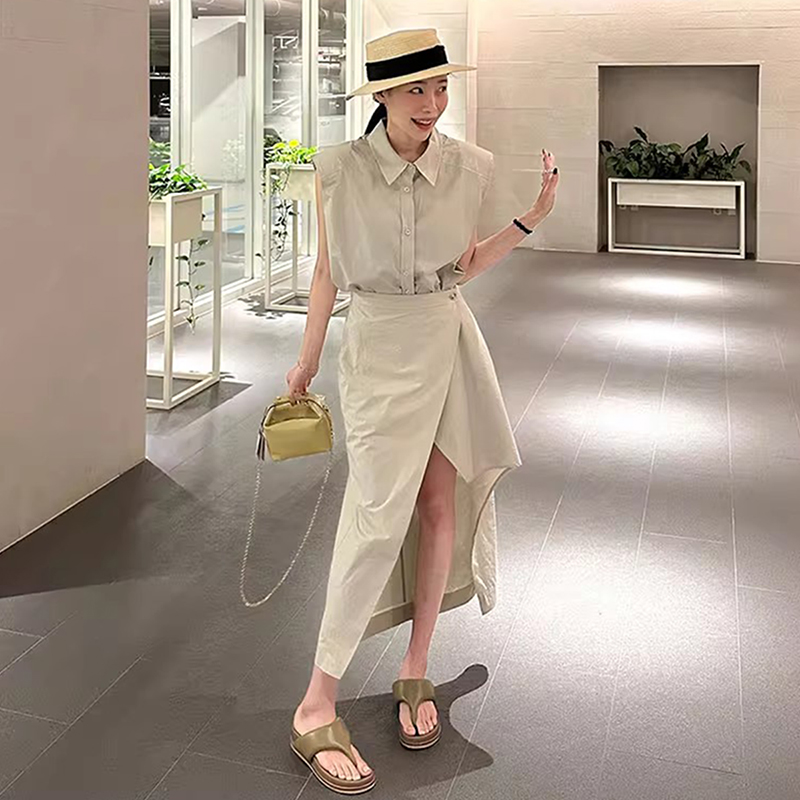 良良家复古小众无袖背心衬衫女夏季新款设计感一粒扣不规则半身裙