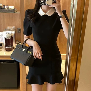 显瘦小个子泡泡袖 韩国chic春季 优雅翻领撞色修身 包臀鱼尾连衣裙女