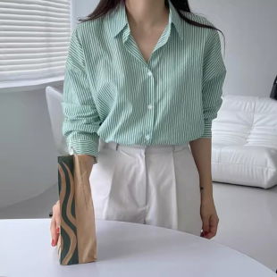 衬衫 条纹撞色翻领单排扣长袖 女早春季 新款 上衣 经典 宽松百搭开衫 款