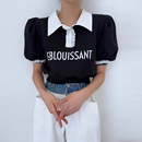 良良家撞色polo领字母印花卫衣女夏季 上衣 新款 减龄气质花边泡泡袖