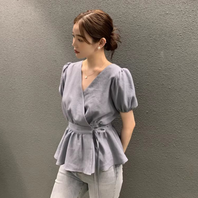一片式绑带收腰显瘦荷叶边衬衫