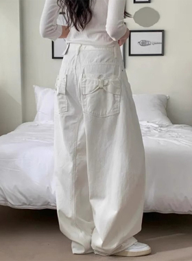 良良家后背口袋蝴蝶结牛仔裤女春季新款法式设计感宽松气球长裤子