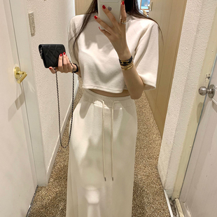 高腰系带半身裙长裙套装 韩系chic夏季 T恤 新款 女 气质百搭纯色短袖