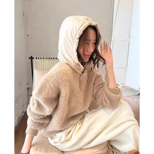 棉衣 宽松百搭短款 慵懒风半拉链抽绳连帽毛茸茸卫衣女2025冬季 新款