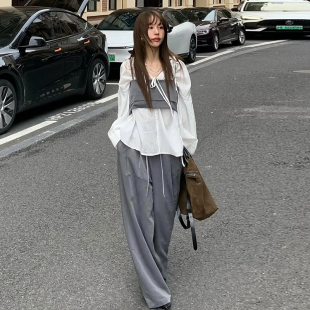 设计感纯色衬衫 女 长裤 新款 子 西装 法式 吊带 韩国chic秋季 叠穿短款