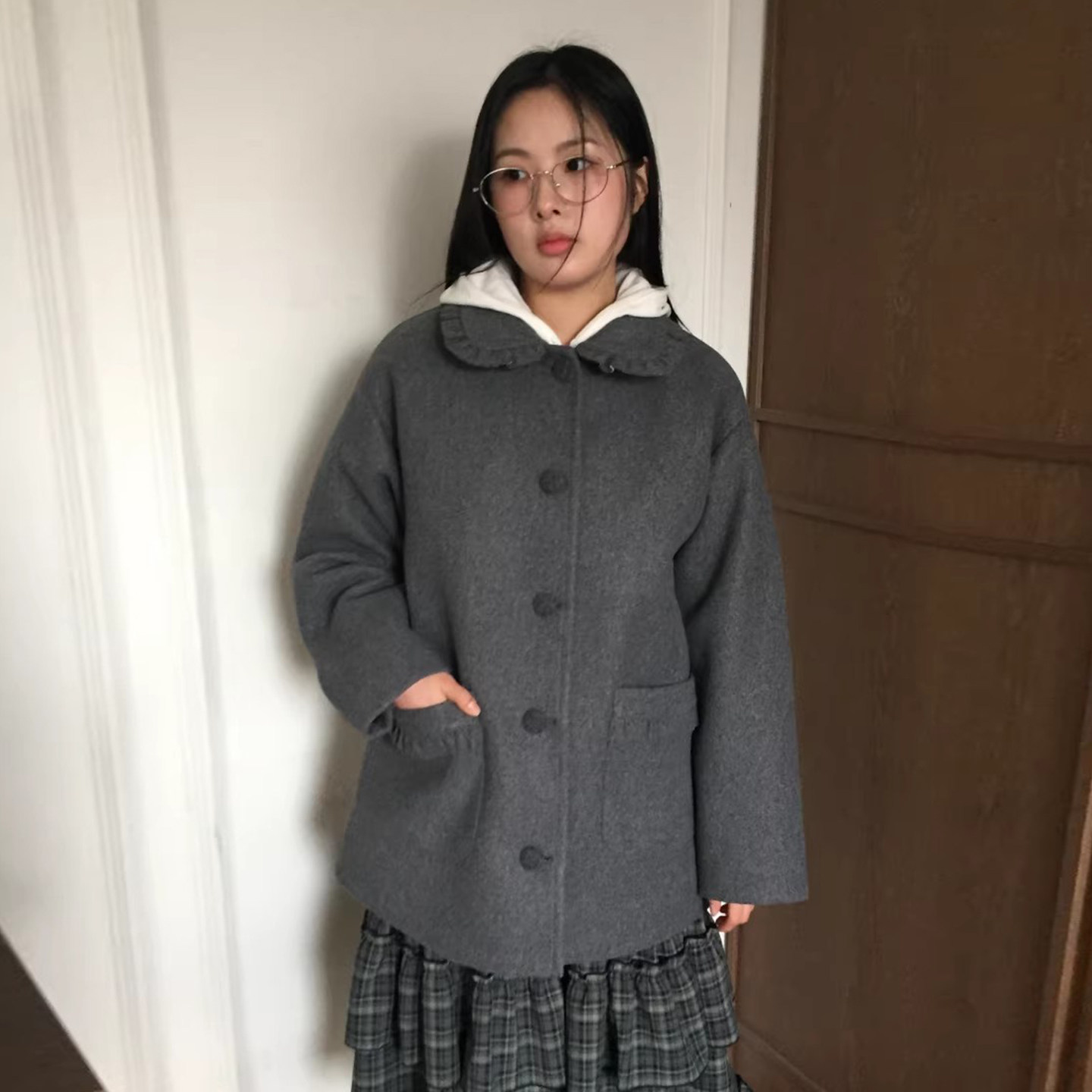 木耳花边口袋娃娃领夹棉毛呢外套女秋冬季复古气质小个子呢子上衣