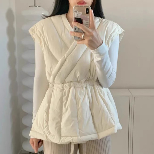 韩国chic秋冬法式 气质交叉V领抽绳收腰显瘦百搭棉服马甲短外套女