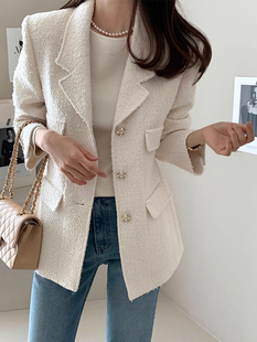 韩国chic秋季气质小香风西装领单排扣多口袋宽松百搭粗花呢外套女
