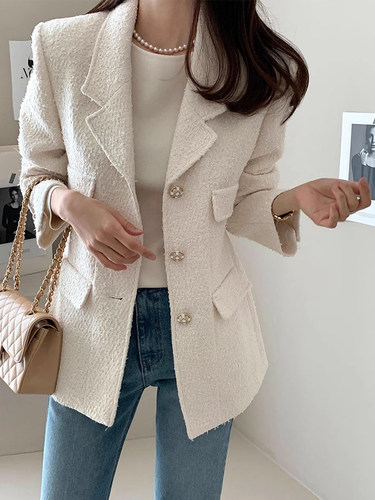 单排扣多口袋宽松百搭粗花呢外套