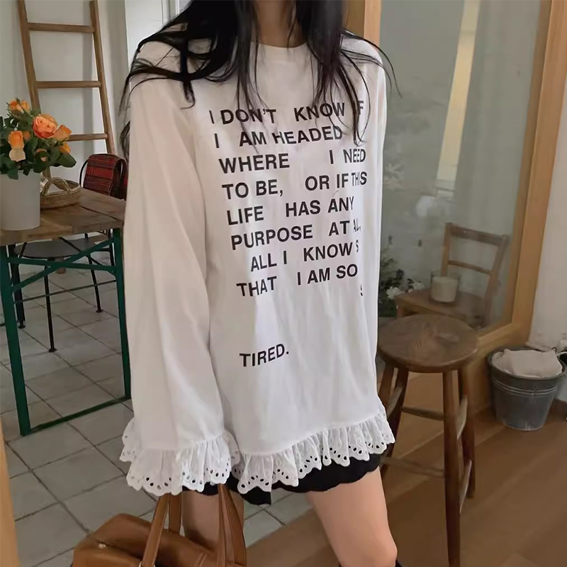 减龄字母印花拼接蕾丝花边T恤女