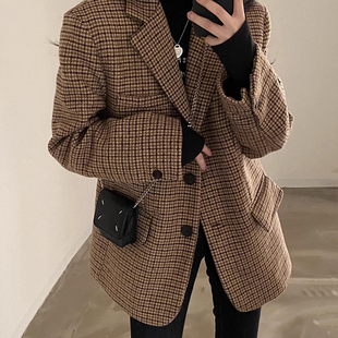 韩国chic秋冬复古气质西装 毛呢短外套女 领撞色千鸟格宽松百搭长袖