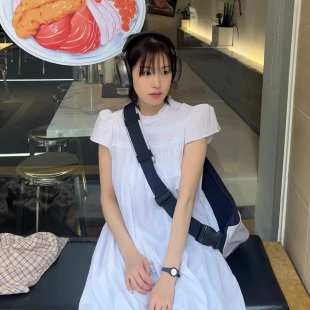 良良家 夏季新款温柔风小立领蕾丝花边短袖连衣裙直筒裙长裙女