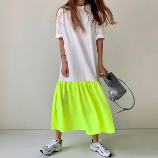 韩国chic减龄洋气圆领宽松皱褶下摆撞色拼接T恤式 连衣裙长裙女