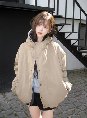 复古卡其色短款连帽棉服外套女