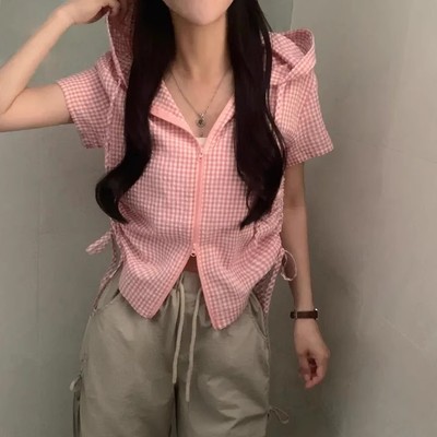 良良家复古格子连帽衬衫外套女