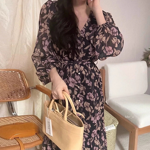 良良家花色印花雪纺碎花连衣裙女春季 复古优雅收腰显瘦长裙子 新款