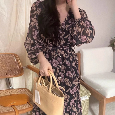 花色印花雪纺碎花连衣裙长裙