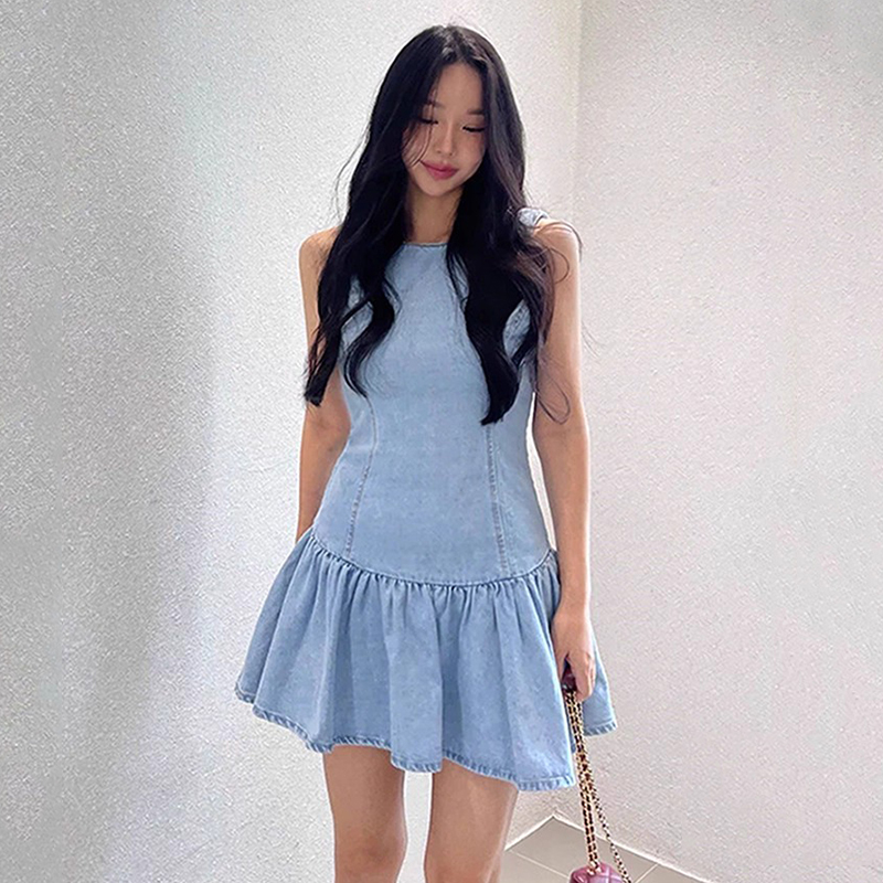 复古拼接荷叶边牛仔背心连衣裙