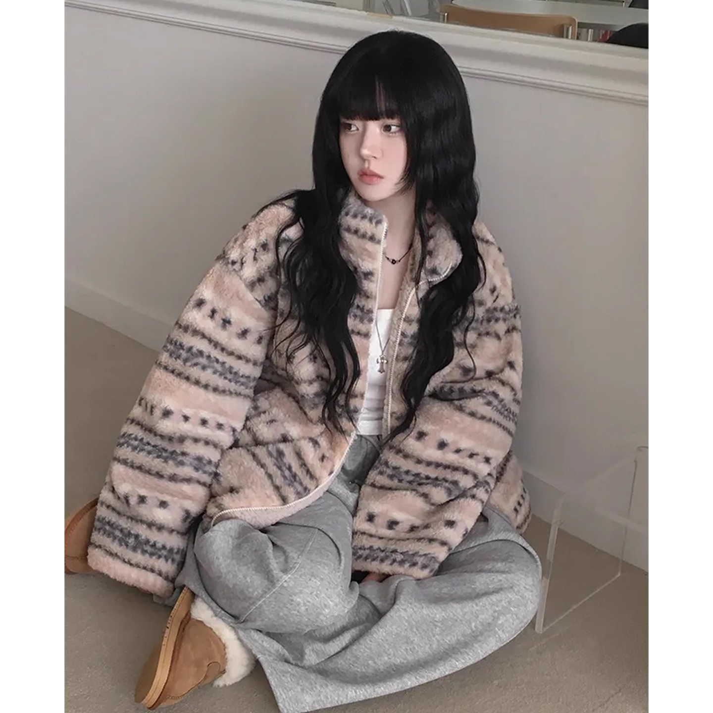 撞色提花加厚百搭立领羊羔毛外套