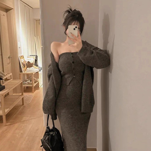 鱼尾半身裙三件套 抹胸针织背心 韩国chic秋冬法式 纯欲风毛衣外套