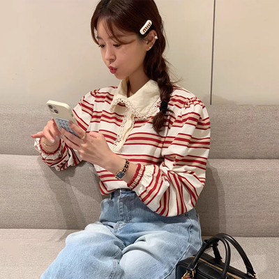 镂空钩花设计百搭长袖条纹卫衣