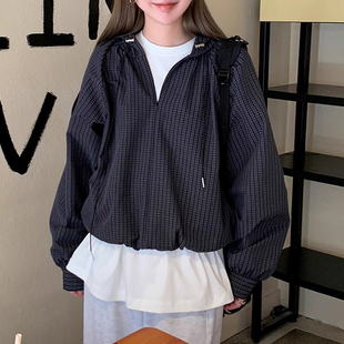 格子衬衫 慵懒风宽松休闲百搭半拉链抽绳连帽式 女 新款 韩国chic秋季