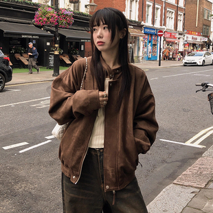 复古立领拉链宽松长袖 美式 麂皮绒机车夹克外套女 新款 韩国chic秋季