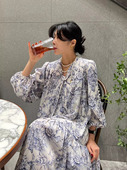 韩国chic春季 雪纺连衣裙女 泡泡袖 法式 复古水墨碎花系带收腰长款