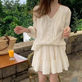 荷叶边半身裙套装 衬衫 减龄小清新重工镂空编织长袖 韩国chic春季