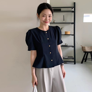 外套女 衬衫 韩国chic夏季 复古简约金属单排扣收腰显瘦荷叶边泡泡袖