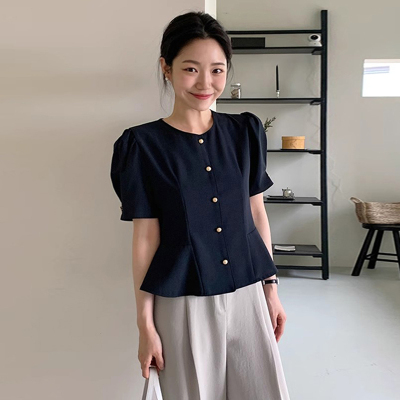 金属单排扣荷叶边泡泡袖衬衫外套