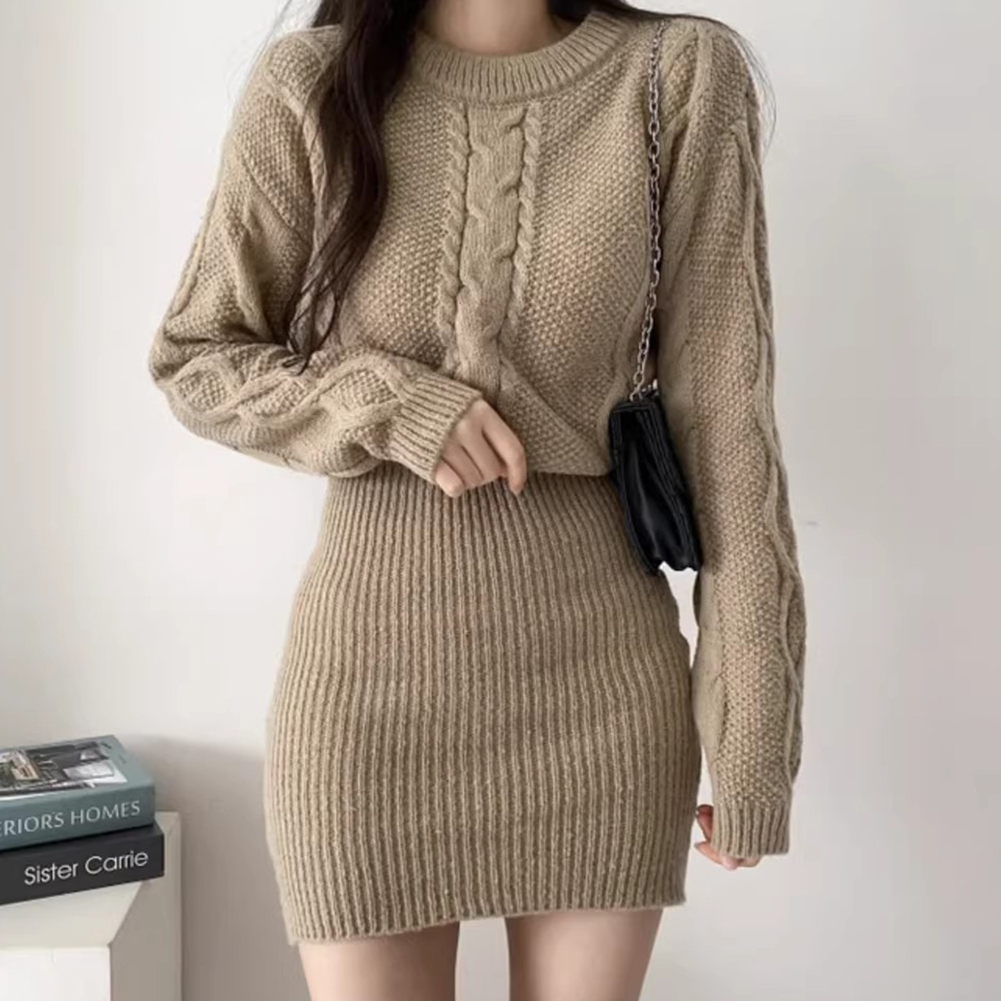 复古气质麻花纹针织毛衣裙连衣裙女秋冬季收腰显瘦打底包臀裙短裙