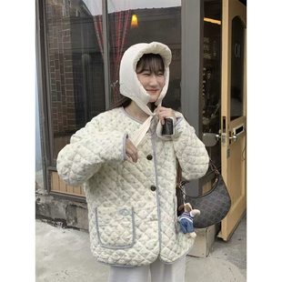良良家韩系双面穿碎花菱格棉服短外套女秋冬新款减龄加厚保暖棉衣