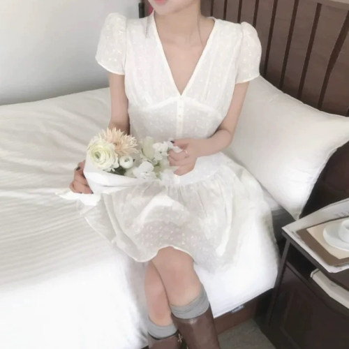 刺绣蕾丝V领短袖连衣裙短裙A字裙
