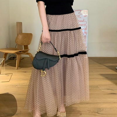 chic高腰波点设计大摆型半身裙女