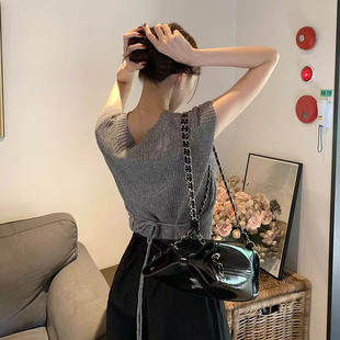 良良家 春季新款温柔风后腰小心机绑带收腰短袖针织衫毛衣上衣女